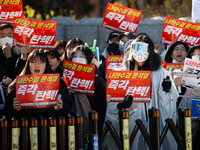 Tens of thousands of citizens gather across from the National Assembly in Yeouido, Seoul, South Korea, on December 8, 2024, holding signs th...