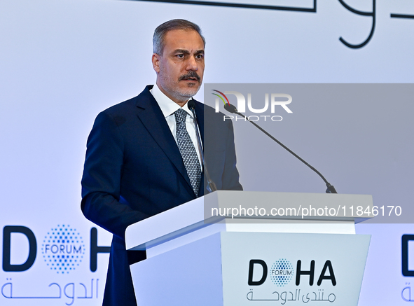 Turkish Foreign Minister Hakan Fidan talks during a press conference held on the sidelines of the Doha Forum 2024 at Sheraton Grand Doha Res...