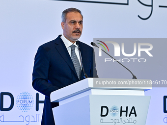 Turkish Foreign Minister Hakan Fidan talks during a press conference held on the sidelines of the Doha Forum 2024 at Sheraton Grand Doha Res...