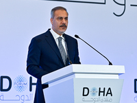 Turkish Foreign Minister Hakan Fidan talks during a press conference held on the sidelines of the Doha Forum 2024 at Sheraton Grand Doha Res...