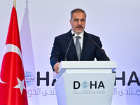 Turkish Foreign Minister Hakan Fidan talks during a press conference held on the sidelines of the Doha Forum 2024 at Sheraton Grand Doha Res...