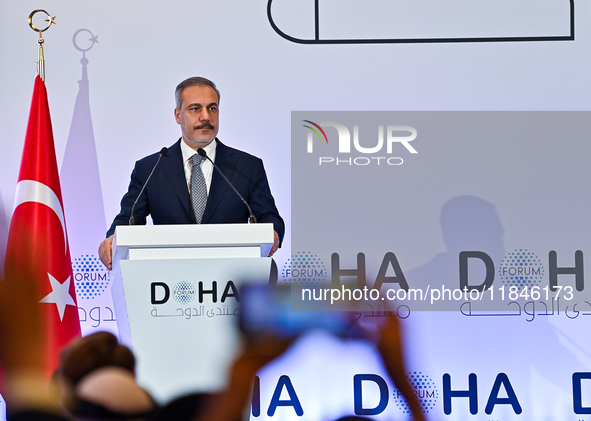 Turkish Foreign Minister Hakan Fidan talks during a press conference held on the sidelines of the Doha Forum 2024 at Sheraton Grand Doha Res...