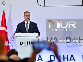 Turkish Foreign Minister Hakan Fidan talks during a press conference held on the sidelines of the Doha Forum 2024 at Sheraton Grand Doha Res...