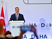 Turkish Foreign Minister Hakan Fidan talks during a press conference held on the sidelines of the Doha Forum 2024 at Sheraton Grand Doha Res...