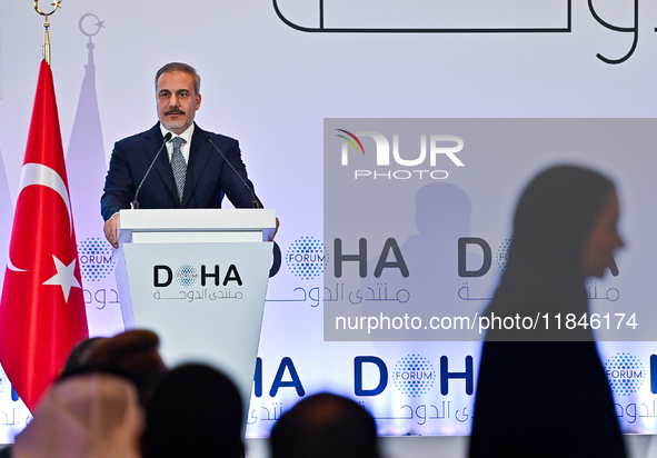 Turkish Foreign Minister Hakan Fidan talks during a press conference held on the sidelines of the Doha Forum 2024 at Sheraton Grand Doha Res...