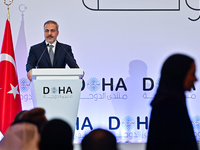 Turkish Foreign Minister Hakan Fidan talks during a press conference held on the sidelines of the Doha Forum 2024 at Sheraton Grand Doha Res...