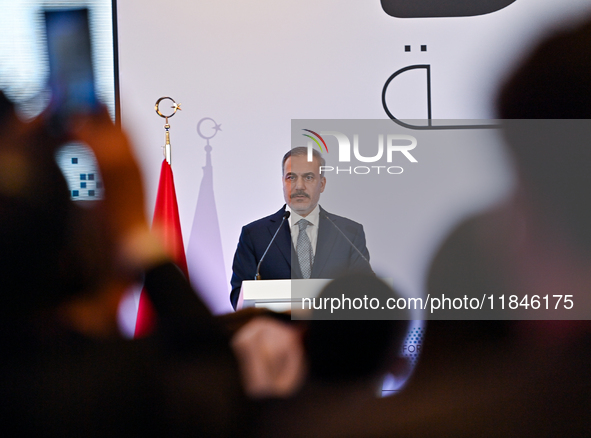 Turkish Foreign Minister Hakan Fidan talks during a press conference held on the sidelines of the Doha Forum 2024 at Sheraton Grand Doha Res...