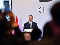 Turkish Foreign Minister Hakan Fidan talks during a press conference held on the sidelines of the Doha Forum 2024 at Sheraton Grand Doha Res...