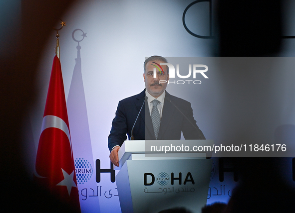 Turkish Foreign Minister Hakan Fidan talks during a press conference held on the sidelines of the Doha Forum 2024 at Sheraton Grand Doha Res...