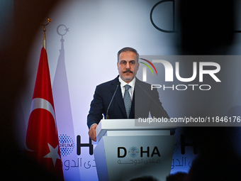 Turkish Foreign Minister Hakan Fidan talks during a press conference held on the sidelines of the Doha Forum 2024 at Sheraton Grand Doha Res...