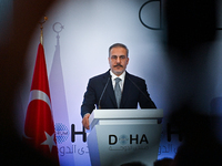 Turkish Foreign Minister Hakan Fidan talks during a press conference held on the sidelines of the Doha Forum 2024 at Sheraton Grand Doha Res...