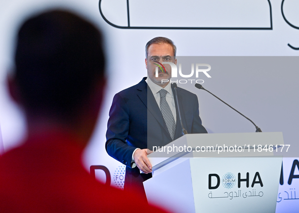 Turkish Foreign Minister Hakan Fidan talks during a press conference held on the sidelines of the Doha Forum 2024 at Sheraton Grand Doha Res...