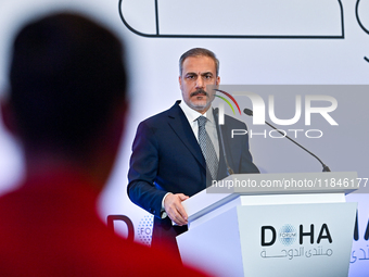 Turkish Foreign Minister Hakan Fidan talks during a press conference held on the sidelines of the Doha Forum 2024 at Sheraton Grand Doha Res...