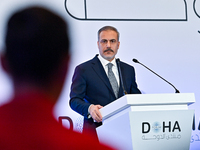 Turkish Foreign Minister Hakan Fidan talks during a press conference held on the sidelines of the Doha Forum 2024 at Sheraton Grand Doha Res...