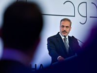 Turkish Foreign Minister Hakan Fidan talks during a press conference held on the sidelines of the Doha Forum 2024 at Sheraton Grand Doha Res...