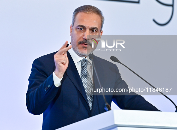 Turkish Foreign Minister Hakan Fidan talks during a press conference held on the sidelines of the Doha Forum 2024 at Sheraton Grand Doha Res...