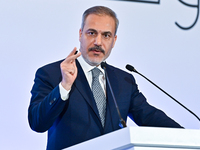 Turkish Foreign Minister Hakan Fidan talks during a press conference held on the sidelines of the Doha Forum 2024 at Sheraton Grand Doha Res...