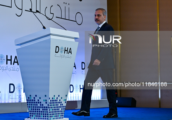 Turkish Foreign Minister Hakan Fidan talks during a press conference held on the sidelines of the Doha Forum 2024 at Sheraton Grand Doha Res...