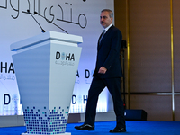 Turkish Foreign Minister Hakan Fidan talks during a press conference held on the sidelines of the Doha Forum 2024 at Sheraton Grand Doha Res...