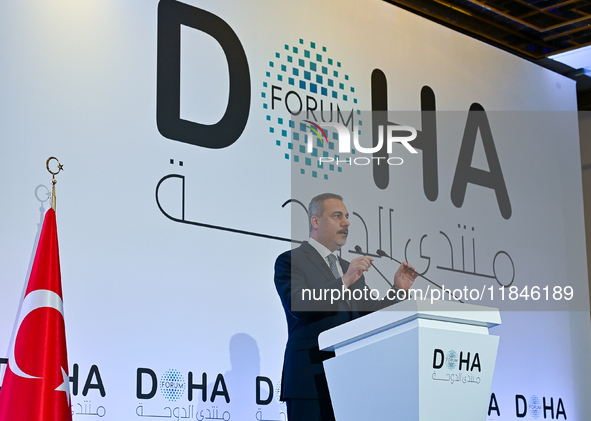 Turkish Foreign Minister Hakan Fidan talks during a press conference held on the sidelines of the Doha Forum 2024 at Sheraton Grand Doha Res...