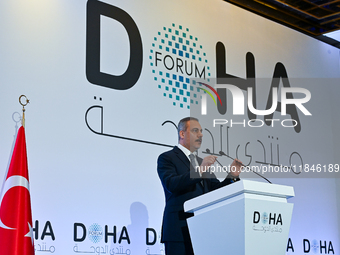 Turkish Foreign Minister Hakan Fidan talks during a press conference held on the sidelines of the Doha Forum 2024 at Sheraton Grand Doha Res...