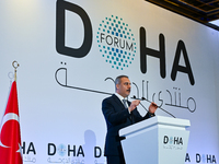 Turkish Foreign Minister Hakan Fidan talks during a press conference held on the sidelines of the Doha Forum 2024 at Sheraton Grand Doha Res...