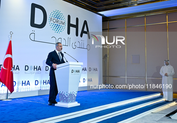 Turkish Foreign Minister Hakan Fidan talks during a press conference held on the sidelines of the Doha Forum 2024 at Sheraton Grand Doha Res...