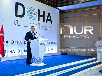 Turkish Foreign Minister Hakan Fidan talks during a press conference held on the sidelines of the Doha Forum 2024 at Sheraton Grand Doha Res...