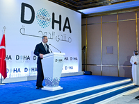 Turkish Foreign Minister Hakan Fidan talks during a press conference held on the sidelines of the Doha Forum 2024 at Sheraton Grand Doha Res...