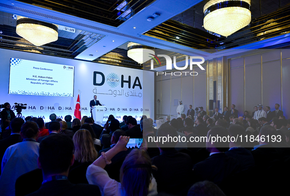 Turkish Foreign Minister Hakan Fidan talks during a press conference held on the sidelines of the Doha Forum 2024 at Sheraton Grand Doha Res...