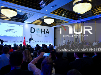 Turkish Foreign Minister Hakan Fidan talks during a press conference held on the sidelines of the Doha Forum 2024 at Sheraton Grand Doha Res...