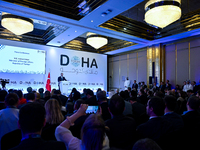 Turkish Foreign Minister Hakan Fidan talks during a press conference held on the sidelines of the Doha Forum 2024 at Sheraton Grand Doha Res...