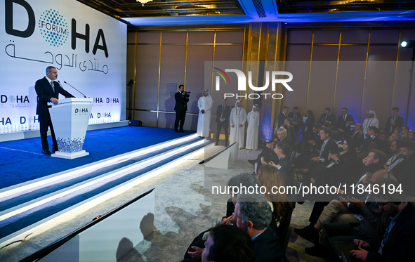 Turkish Foreign Minister Hakan Fidan talks during a press conference held on the sidelines of the Doha Forum 2024 at Sheraton Grand Doha Res...