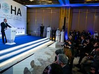 Turkish Foreign Minister Hakan Fidan talks during a press conference held on the sidelines of the Doha Forum 2024 at Sheraton Grand Doha Res...