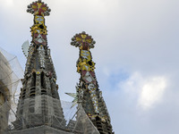 Details of one of the towers of the Sagrada Familia cathedral in Barcelona, Spain, on October 9, 2024. This monument, designed by architect...