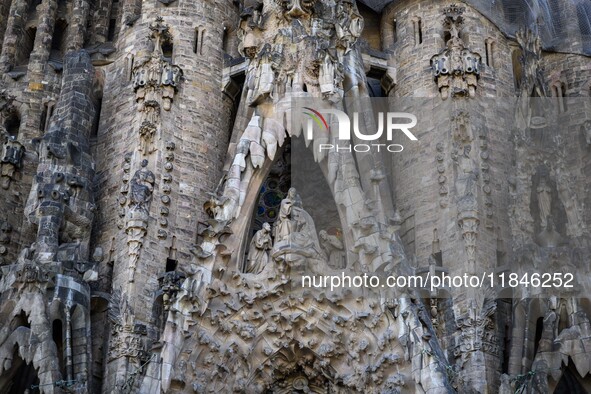 Details of the ornaments and architectural elements of one of the facades of the Sagrada Familia cathedral in Barcelona, Spain, on October 9...