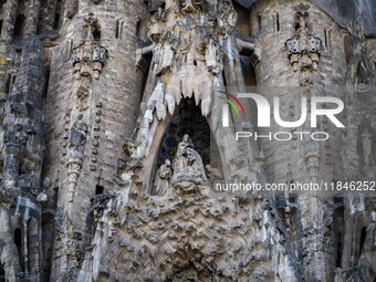 Details of the ornaments and architectural elements of one of the facades of the Sagrada Familia cathedral in Barcelona, Spain, on October 9...