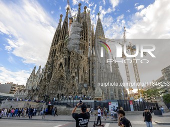 The structure, facade details, and towers form the complete building of the Sagrada Familia cathedral in Barcelona, Spain, on October 9, 202...