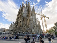 The structure, facade details, and towers form the complete building of the Sagrada Familia cathedral in Barcelona, Spain, on October 9, 202...