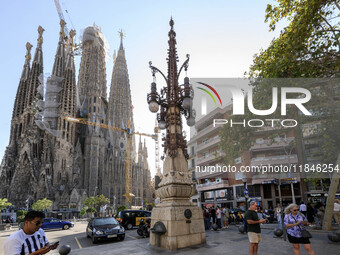 The structure, facade details, and towers form the complete building of the Sagrada Familia cathedral in Barcelona, Spain, on October 9, 202...