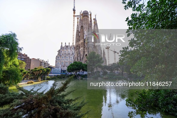 The structure, facade details, and towers form the complete building of the Sagrada Familia cathedral in Barcelona, Spain, on October 9, 202...