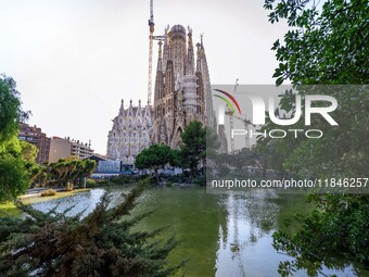 The structure, facade details, and towers form the complete building of the Sagrada Familia cathedral in Barcelona, Spain, on October 9, 202...