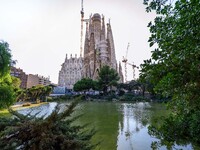 The structure, facade details, and towers form the complete building of the Sagrada Familia cathedral in Barcelona, Spain, on October 9, 202...