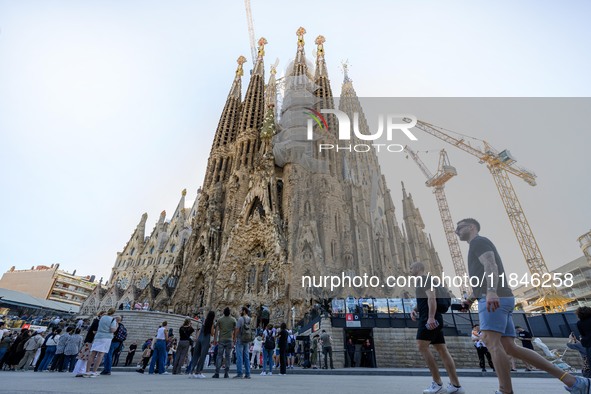 The structure, facade details, and towers form the complete building of the Sagrada Familia cathedral in Barcelona, Spain, on October 9, 202...