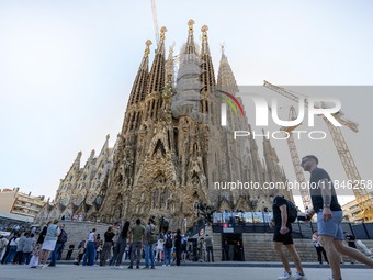 The structure, facade details, and towers form the complete building of the Sagrada Familia cathedral in Barcelona, Spain, on October 9, 202...