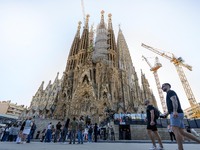 The structure, facade details, and towers form the complete building of the Sagrada Familia cathedral in Barcelona, Spain, on October 9, 202...