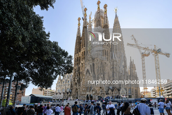 The structure, facade details, and towers form the complete building of the Sagrada Familia cathedral in Barcelona, Spain, on October 9, 202...