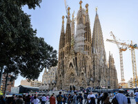 The structure, facade details, and towers form the complete building of the Sagrada Familia cathedral in Barcelona, Spain, on October 9, 202...