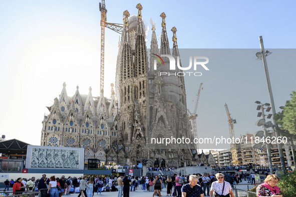 The structure, facade details, and towers form the complete building of the Sagrada Familia cathedral in Barcelona, Spain, on October 9, 202...