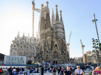 The structure, facade details, and towers form the complete building of the Sagrada Familia cathedral in Barcelona, Spain, on October 9, 202...